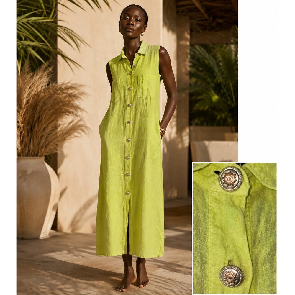 VTG 90s Monique Fashions 100% European Linen Shirt Dress Maxi Lagenlook Luxury